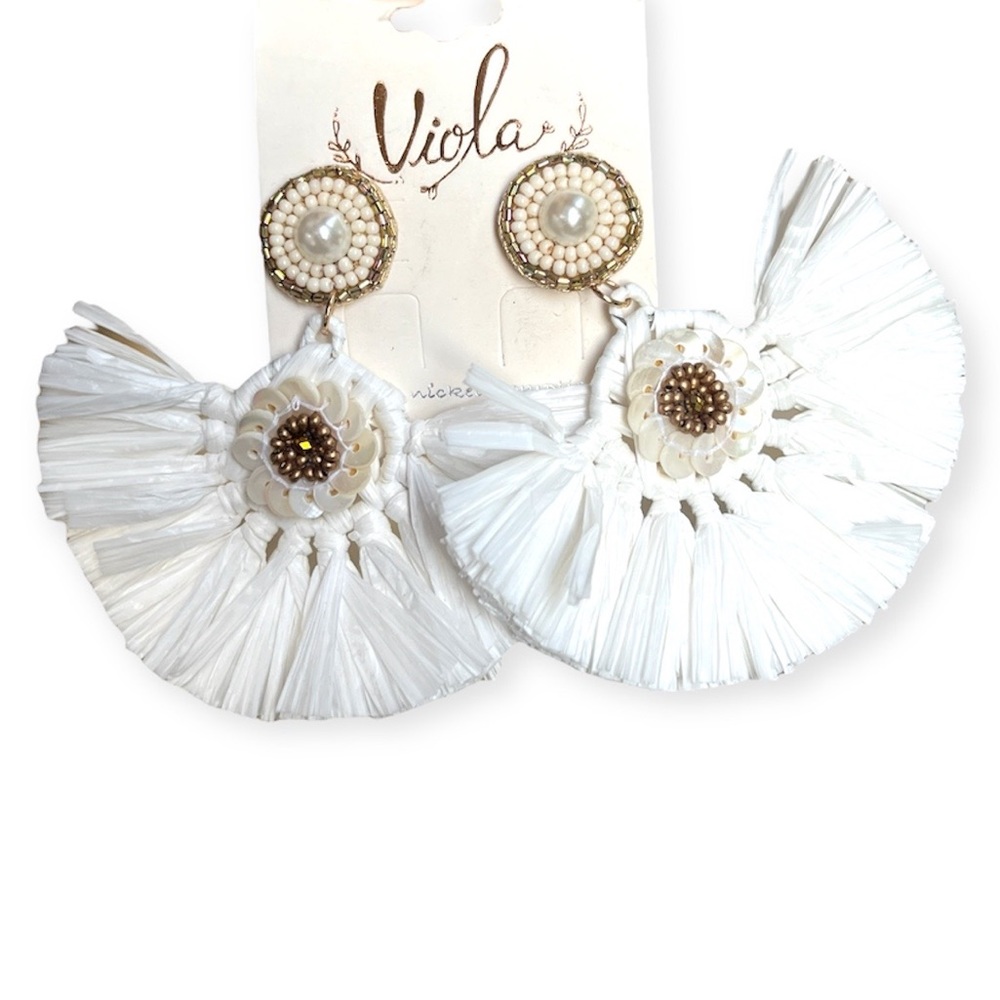 NEW Raffia Fan White Beaded Paper Fringe Earrings Bohemian Festival Party